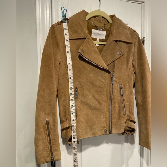 BCBGeneration Size S Camel Tan Suede Full Zip Buckles Moto Bomber Jacket Leather - Picture 8 of 14